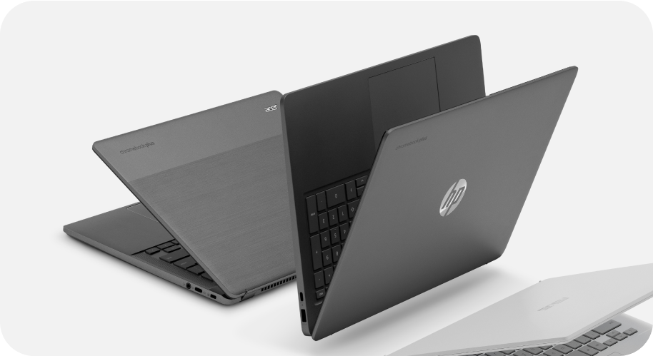 An illustration of a Chromebook with a flower and a recycle logo drawn on it.